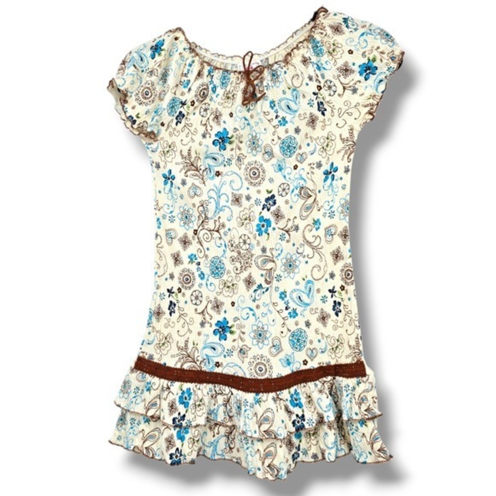 Knitworks Girls Cream Blue Brown Floral Ruffle Tiered Short Sleeve Top‎ Large - Picture 1 of 9